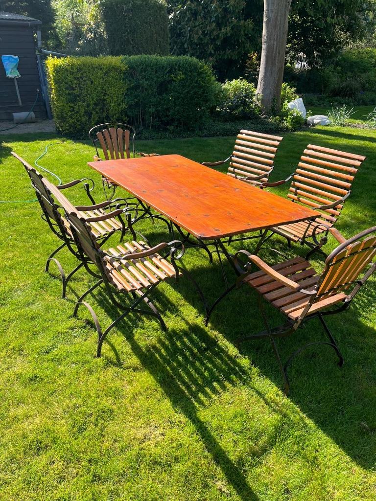 tuinset in hout en smeedijzer tafel + 6 stoelen Art Nouveau, Tuin en Terras, 6 zitplaatsen, Ophalen of Verzenden, Zo goed als nieuw