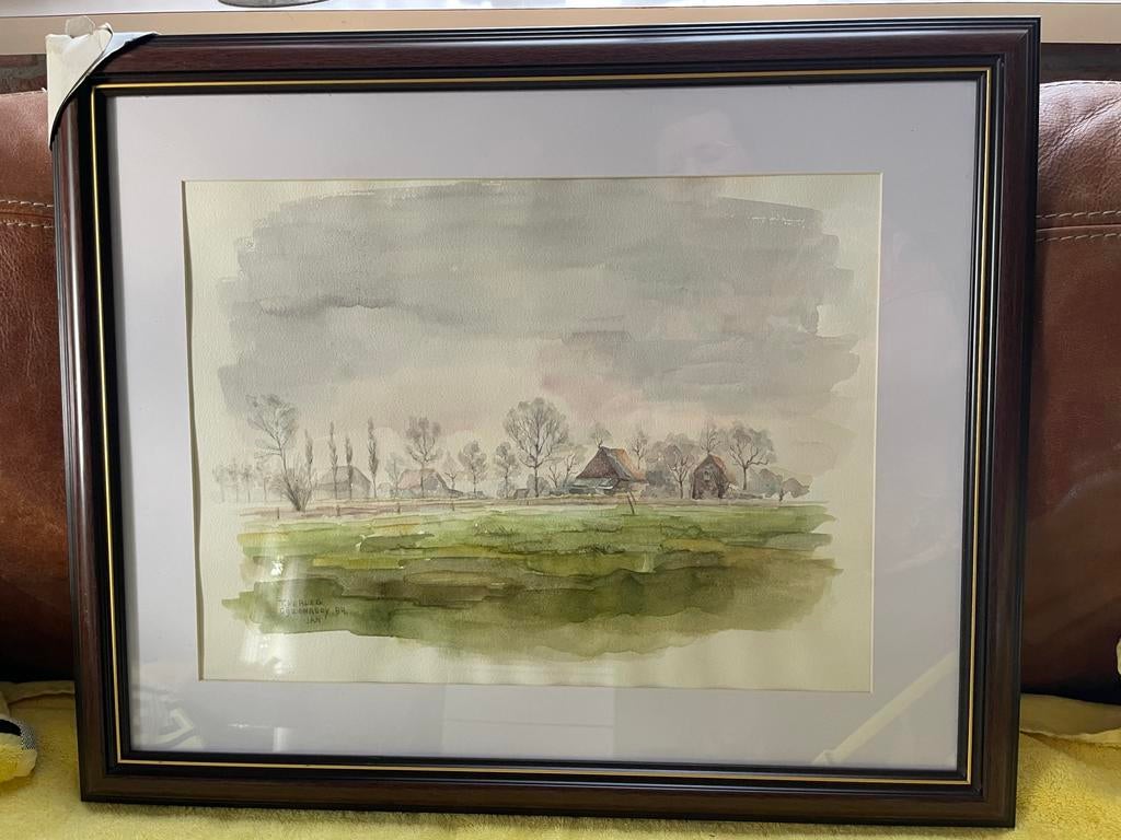 Aquarel Landschap met Boerderijen, Antiek en Kunst, Kunst | Schilderijen | Klassiek, Ophalen of Verzenden