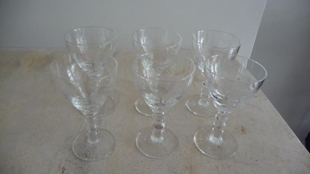 6 Gegraveerde borrelglaasjes, Antiek en Kunst, Antiek | Glas en Kristal, Ophalen of Verzenden