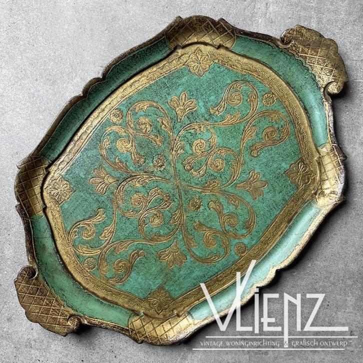 Vintage Italiaans Florentijns dienblad goudkleur en groen, Huis en Inrichting, Woonaccessoires | Dienbladen, Gebruikt, Overige vormen