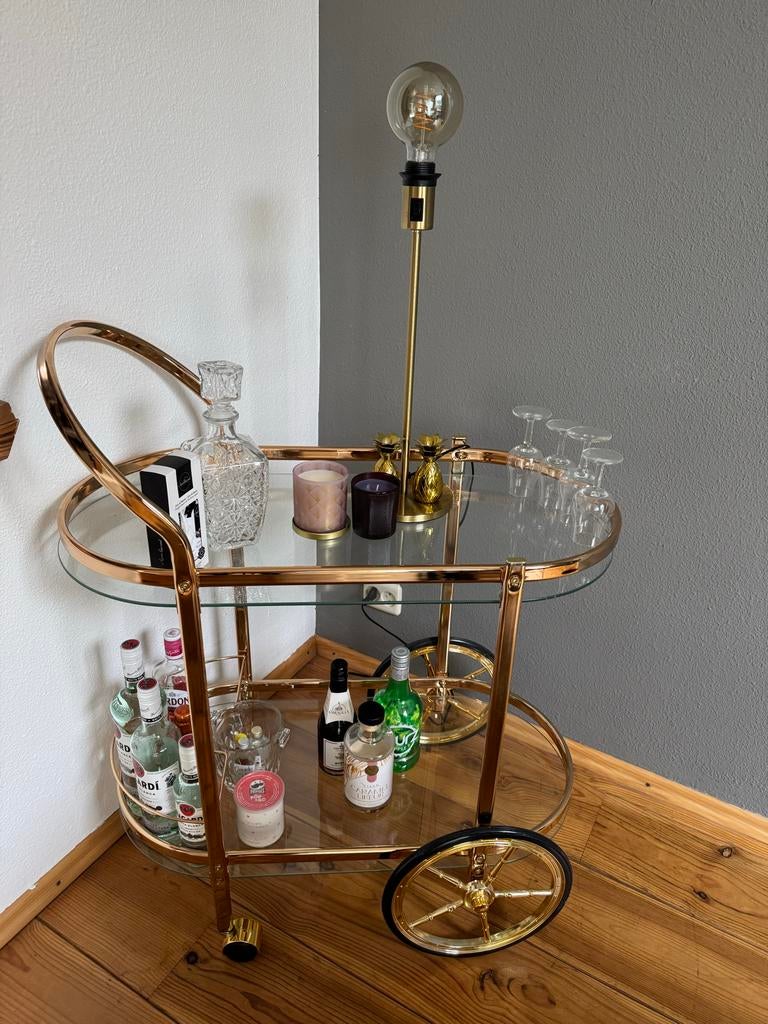 Rosé-gouden serveerwagen / barcart met glazen platen, Ophalen, Zo goed als nieuw