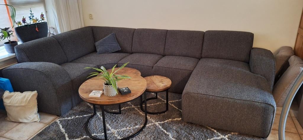 Stoffen grijze hoekbank met longchair, Ophalen, Minder dan 75 cm, Hoekbank, 300 cm of meer