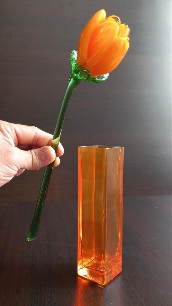 Art Deco kristallen set Amber/oranje vaas en kristallen tulp, Ophalen of Verzenden
