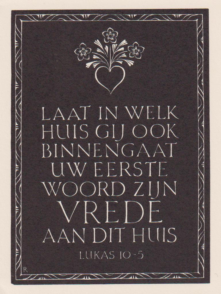 Houtgravure van Pam G. Rueter met bijbeltekst Lukas 10-5, Ophalen of Verzenden, Gravure