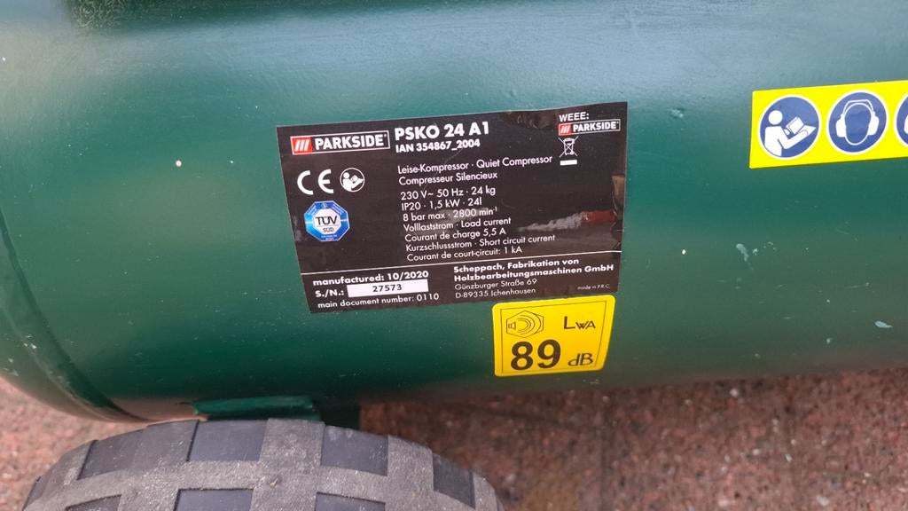 Parkside PSKO 24 A1 Stille Compressor 24L, Ophalen, Gebruikt, 6 tot 10 bar, 200 tot 400 liter/min