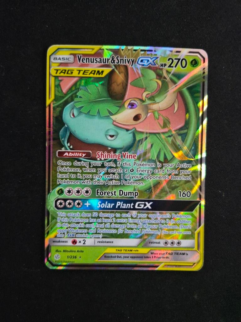 Pokemon Kaart Venusaur & Snivy GX 1/236, Ophalen of Verzenden, Gebruikt, Losse kaart, Foil