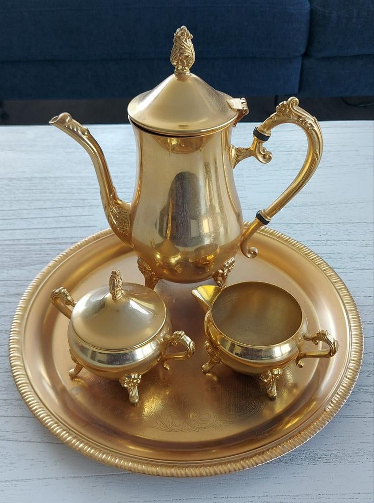 Goudkleurig koffiestel op blad, Antiek en Kunst, Ophalen