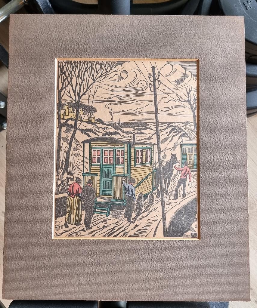 Woonwagens in de sneeuw - Jan Franken Pzn (1896-1977)., Antiek en Kunst, Ophalen of Verzenden, Landschap, Houtsnede, 1900 - 1949