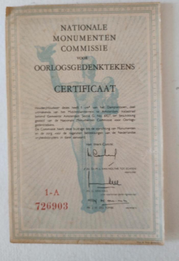 Certificaat Nat. Monumenten Com.Oorlogsgedenkteke, Verzamelen, Overige Verzamelen, Gebruikt, Ophalen of Verzenden