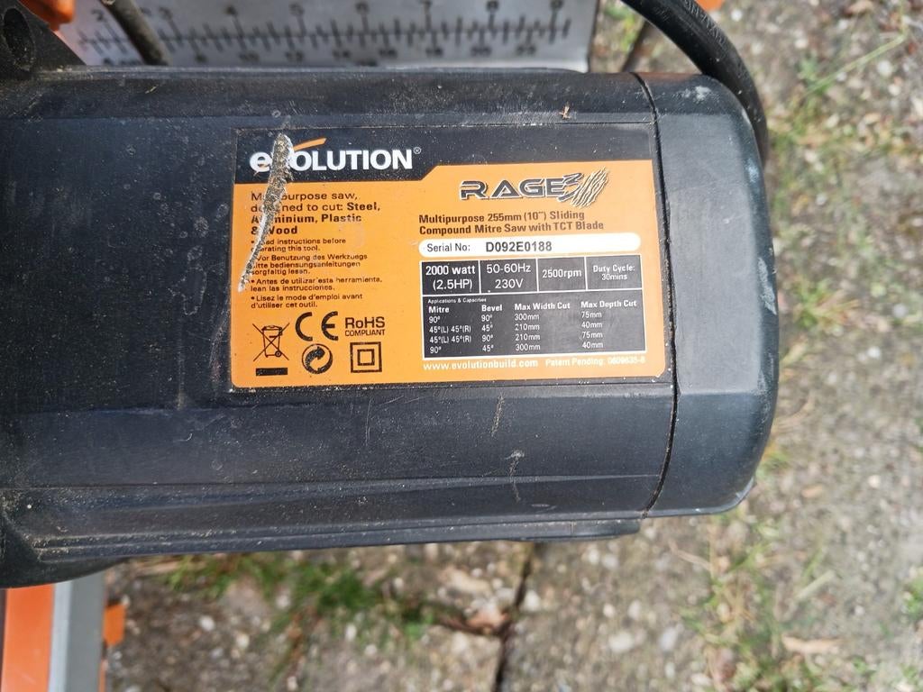 Evolution RAGE2 Afkortzaag 2000W - Multipurpose, Doe-het-zelf en Verbouw, Gereedschap | Zaagmachines, Ophalen, Evolution, Gebruikt