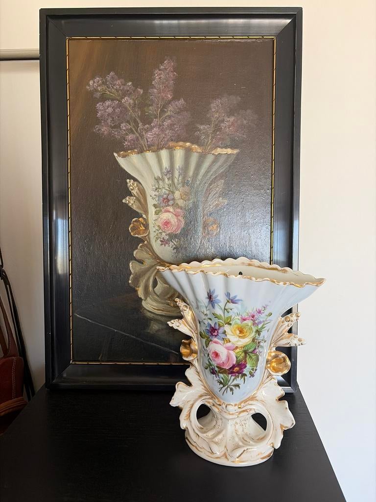 Decoratieve vaas met bloemenschilderij, onbekende schilder, Ophalen of Verzenden