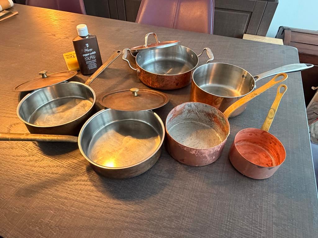 6 Koperen Pannen Diverse Maten met Deksel en Poets, Ophalen of Verzenden, Koper