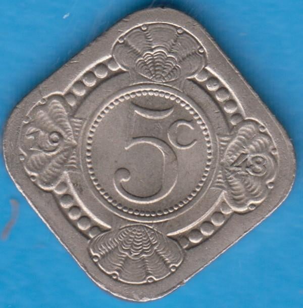 Curaçao 5 cent 1948 Wilhelmina in munthouder, Scho. 1338, Ophalen of Verzenden, Koningin Wilhelmina, 5 cent, Losse munt