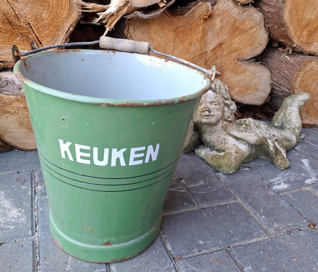 Emaille emmer met metalen/ houten  hengsel, Ophalen of Verzenden, Gebruikt