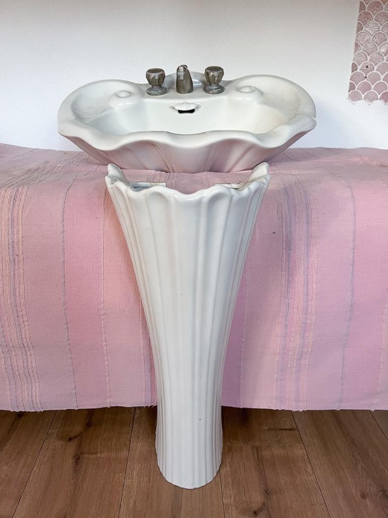 Vintage Pozzi Ginori staande wastafel & bidet, schelpvorm, Ophalen, Gebruikt, 50 tot 100 cm, Minder dan 100 cm