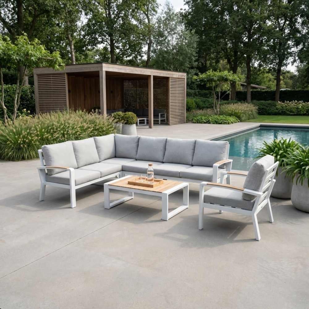 Seattle hoek loungeset wit met stoel | aluminium | 270x210cm, Ophalen, 6 zitplaatsen, Aluminium, Loungeset