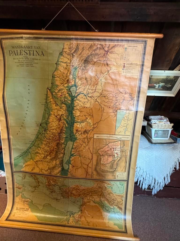 Zeer oude Bijbelse  wandkaart Palestina, Israël, Jeruzalem, Ophalen, Geschiedenis