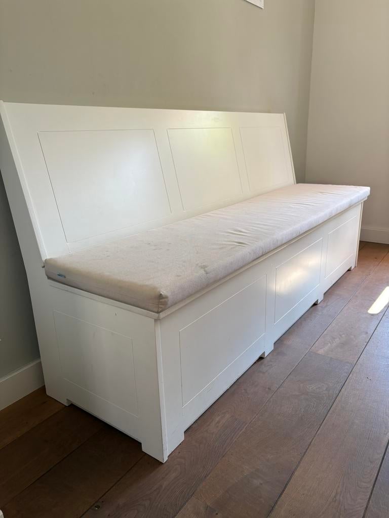 Witte houten eetkamerbank met opbergruimte, Huis en Inrichting, Banken | Bankstellen, Gebruikt, Minder dan 75 cm, 150 tot 200 cm
