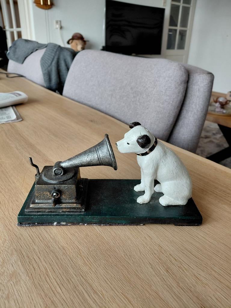 Antiek hondje met grammofoon -Rogers Foundry Birmingham., Ophalen of Verzenden
