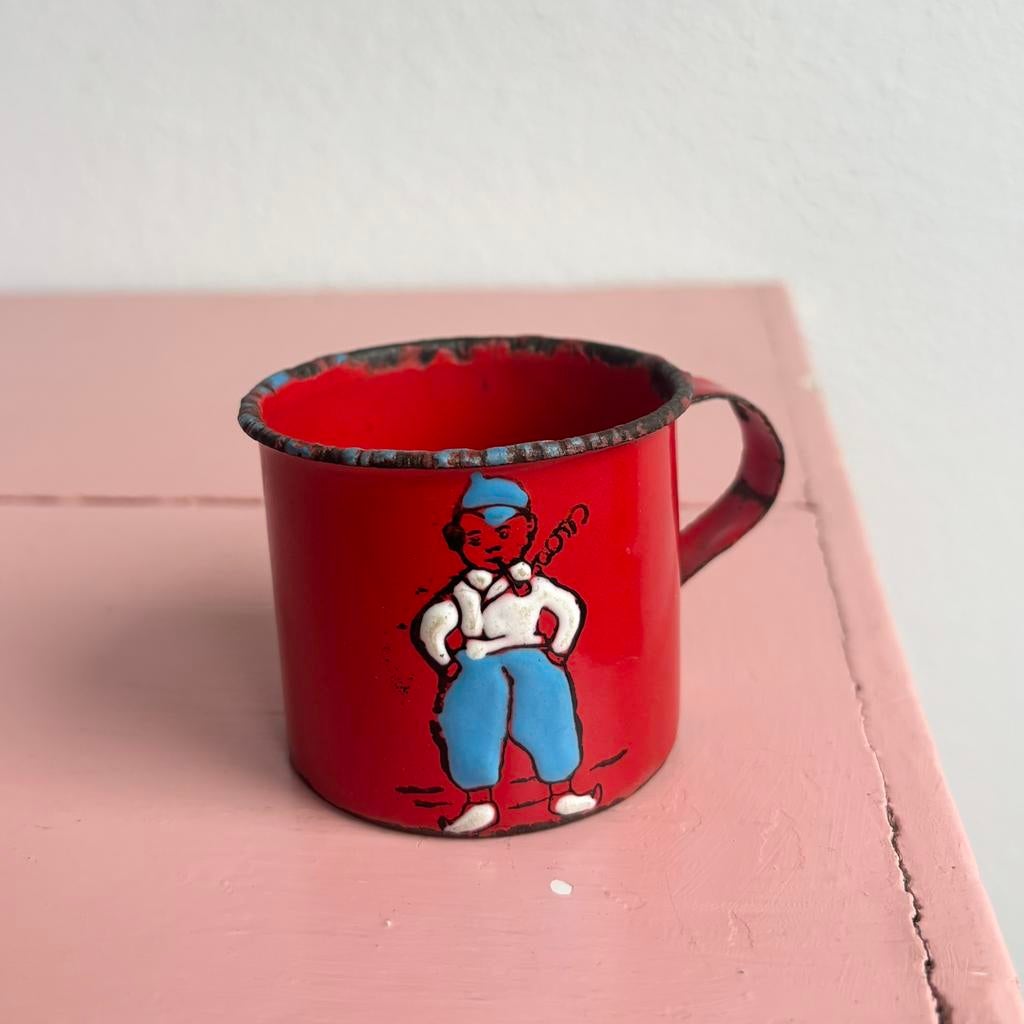 Brocante emaille Beker Emil van de Hazelhoeve, Ophalen of Verzenden