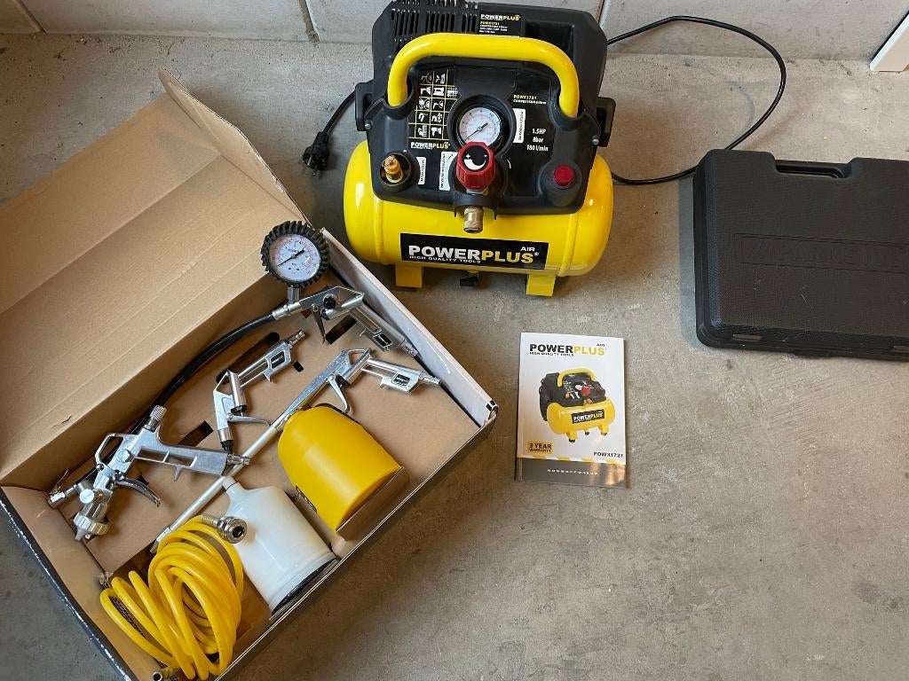Compressor set Powerplus +Parkside, Ophalen, Gebruikt, 6 tot 10 bar, Minder dan 200 liter/min