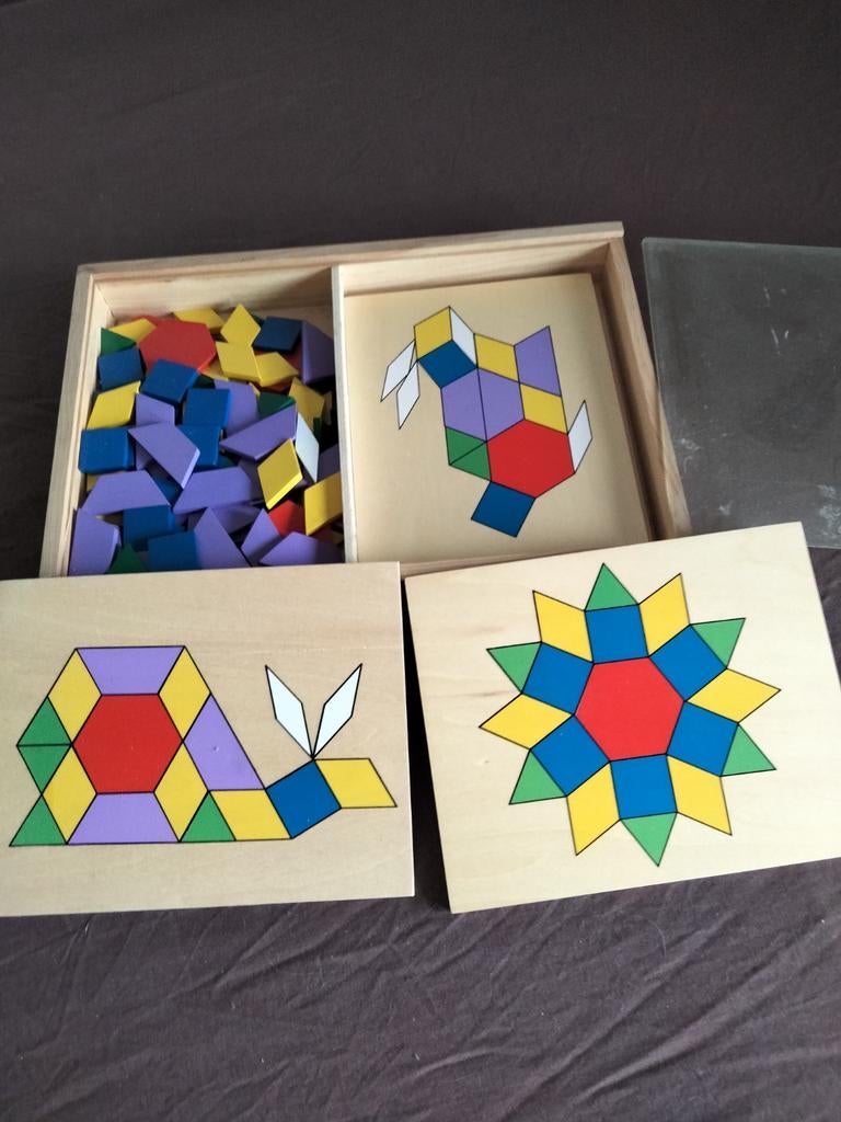 Houten puzzel met gekleurde blokjes en voorbeelden, Ophalen of Verzenden