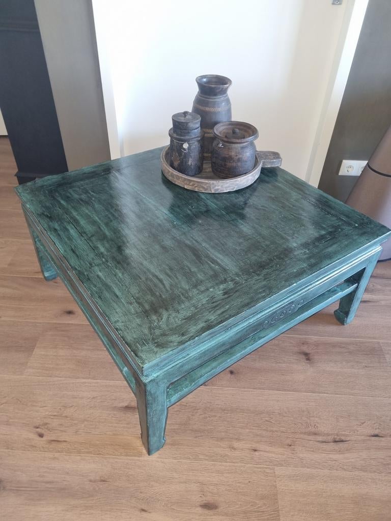 Chinese antiek gelakte salontafel groen gepatineerd, Ophalen, Gebruikt, 100 tot 150 cm, 50 tot 100 cm