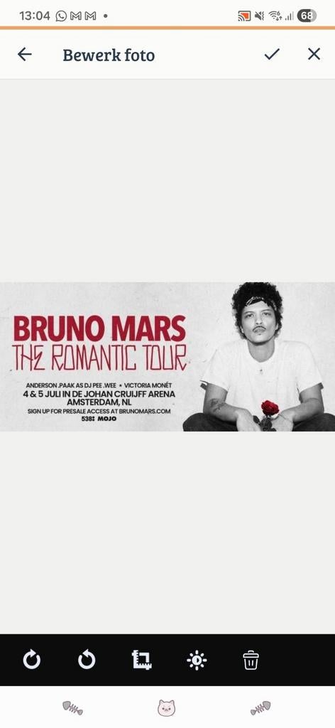 Bruno Mars Romantic tour 4 juli. 1x zit ticket, Eén persoon, Juli