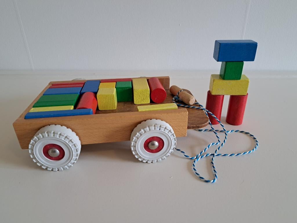 Houten blokkenwagen, Ophalen of Verzenden, Zo goed als nieuw, Duw- of Trekspeelgoed