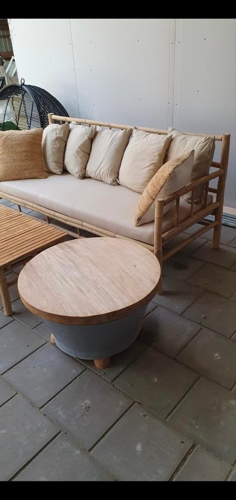 Nieuwe Bamboe Bank met Kussens en Salontafel, Ophalen, Bohemian, Natuurlijk, Modern, 75 tot 100 cm, Stof