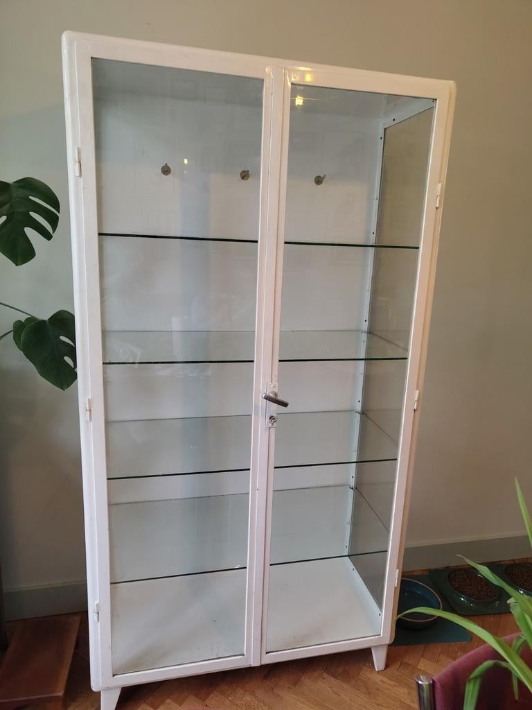Vintage Vitrinekast / Labkast - Wit Metaal en Glas, Ophalen, Vintage, Industrieel, 50 tot 100 cm, Glas