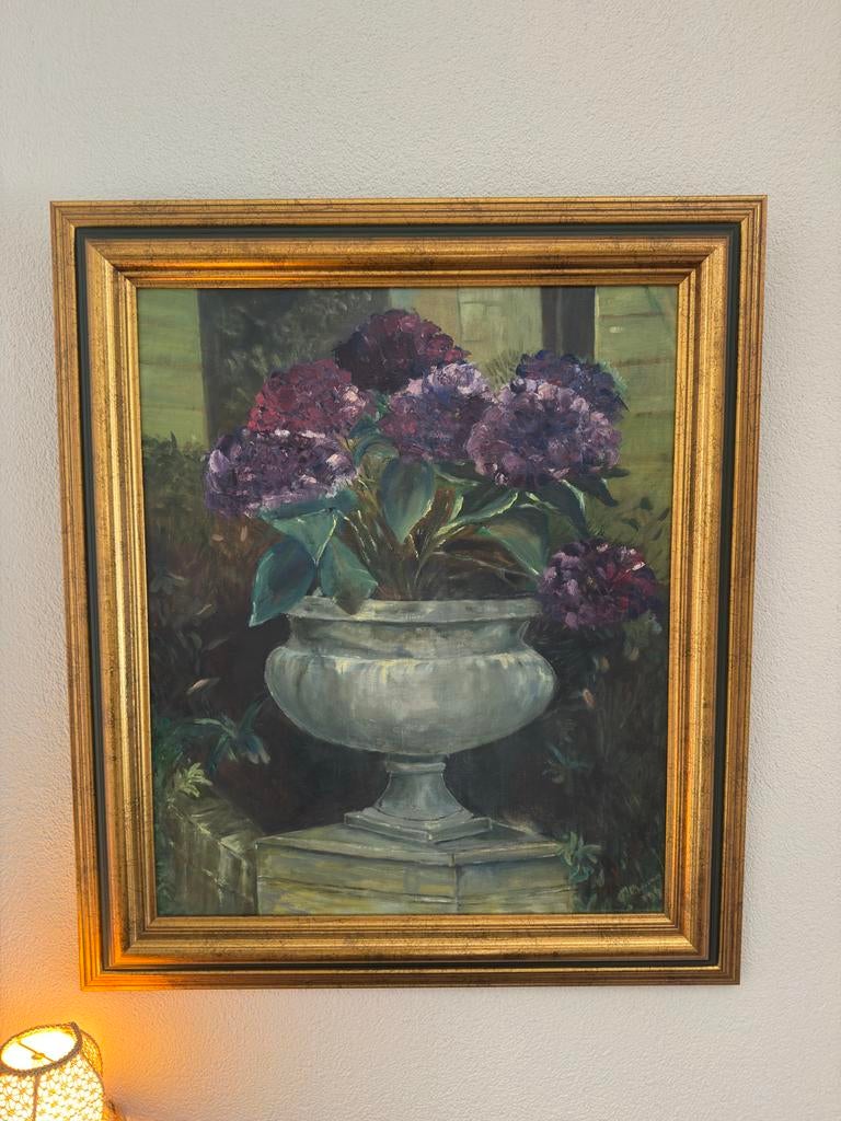 Schilderij met Hortensia's in Pot - Klassieke Stijl, Ophalen of Verzenden