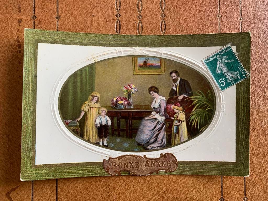 Bonne Année - gezin met drie kinderen, Verzamelen, Ansichtkaarten | Themakaarten, Ophalen of Verzenden, Voor 1920, Gelopen, Feest(dag)