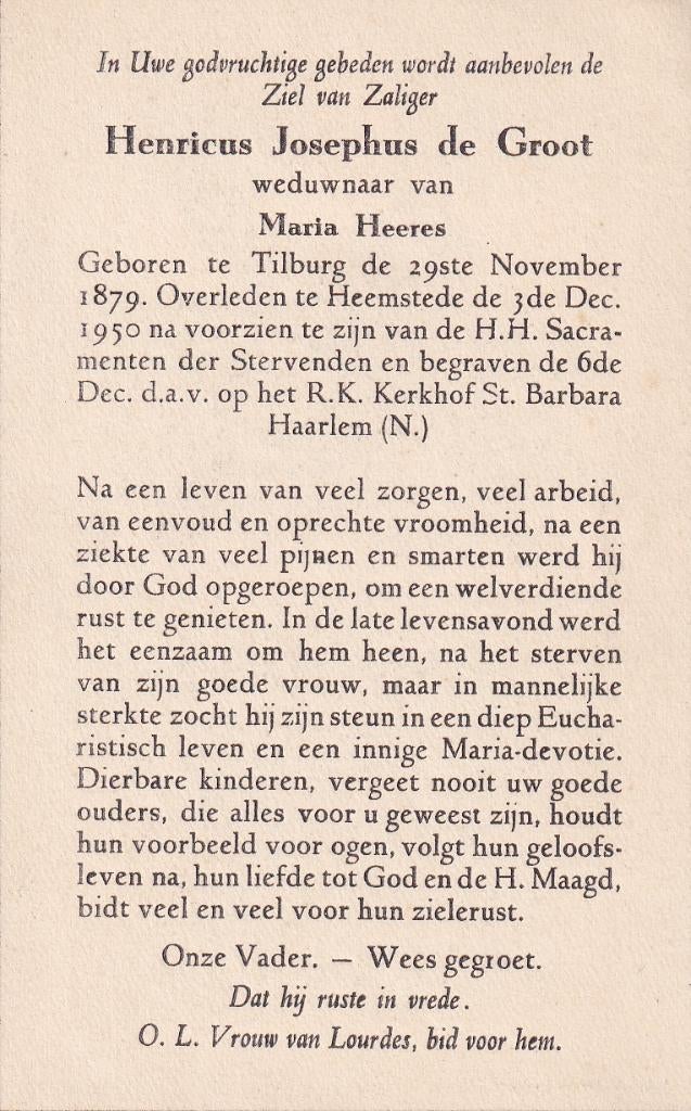 Groot Henricus 1879 Tilburg 1950 Heemstede, Verzamelen, Bidprentjes en Rouwkaarten, Ophalen of Verzenden, Bidprentje