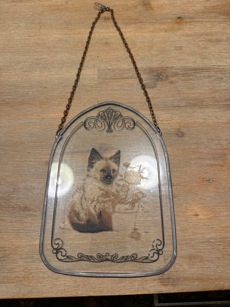 Vintage Glas-in-lood Kat met Bloemen, Ophalen of Verzenden, Gebruikt