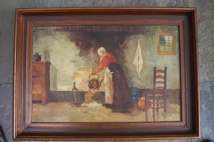 Mooi oud sfeervol interieur schilderij olieverf op doek, Antiek en Kunst, Kunst | Schilderijen | Klassiek, Ophalen of Verzenden