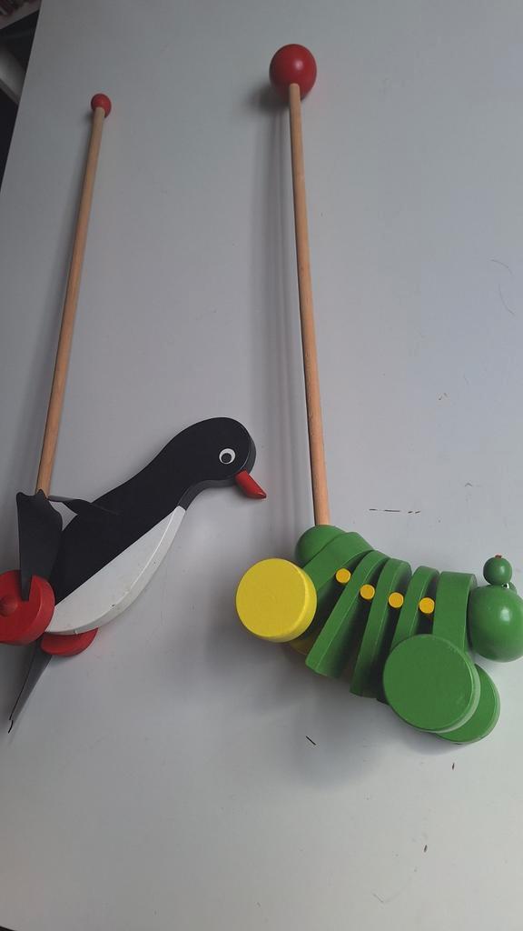 Houten Duwdieren - Pinguïn & Rups, Antiek en Kunst, Antiek | Speelgoed, Ophalen