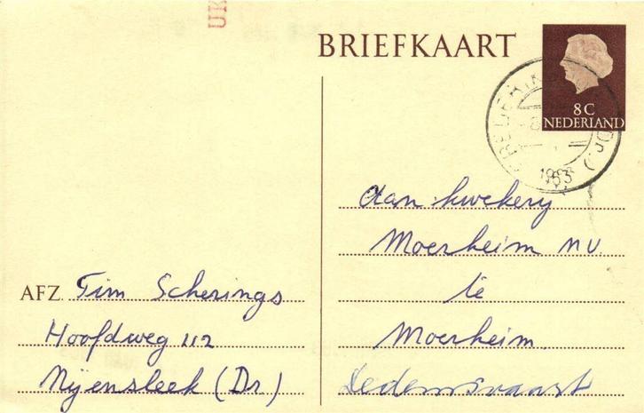Tim Scherings, Nijensleek [Dr.] - 03.1963 - briefkaart, Postzegels en Munten, Brieven en Enveloppen | Nederland, Envelop, Ophalen of Verzenden