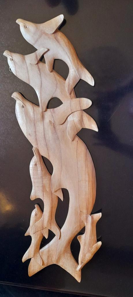 Grote handgesneden houten wanddecoratie dolfijnen. 76 cm, Antiek en Kunst, Kunst | Beelden en Houtsnijwerken, Ophalen of Verzenden