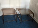 2 messing bijzettafels met rookglas, Huis en Inrichting, Tafels | Bijzettafels, Ophalen, Minder dan 45 cm, Minder dan 55 cm, Gebruikt