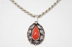 Schitterende Zilver Druppel Bloedkoraal Hanger & Ketting, Verzenden, Zilver, Ketting, Met edelsteen