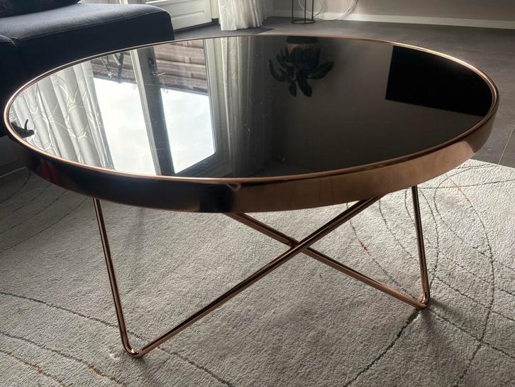 Ronde salontafel koper & glas, Huis en Inrichting, Tafels | Salontafels, Gebruikt, Minder dan 50 cm, 50 tot 100 cm, Rond, Glas