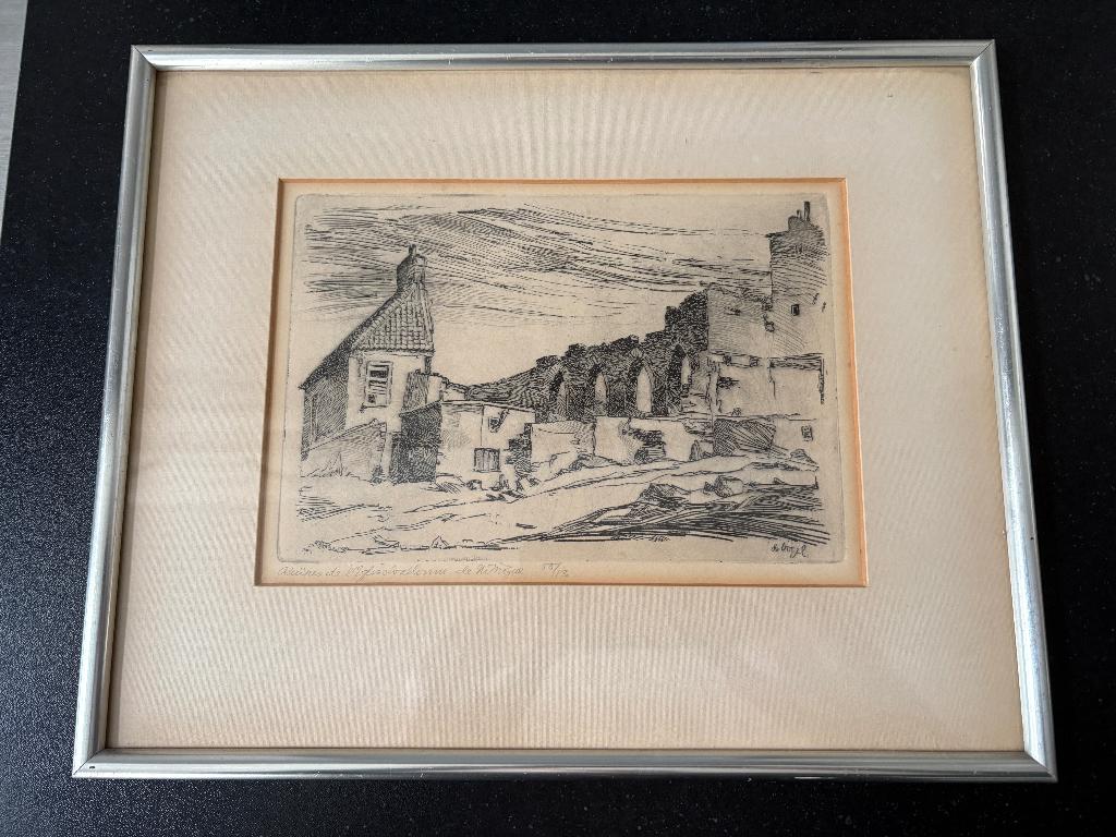 Jan de Vogel: Ets Ruïnes Waalse Kerk Nijmegen (jaren '40), Antiek en Kunst, Ophalen of Verzenden