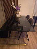 Eettafel rookglas met messing gouden poten, Ophalen, Rechthoekig, 50 tot 100 cm