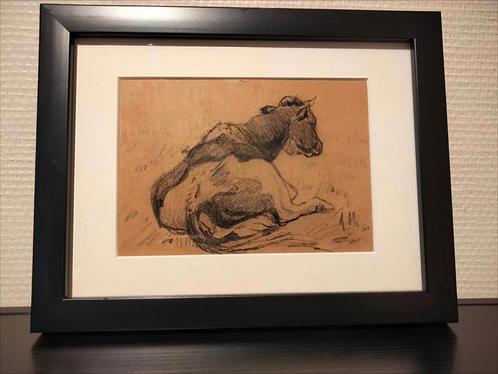 Tekening liggende koe Haagse school, Antiek en Kunst, Kunst | Schilderijen | Klassiek, Ophalen of Verzenden