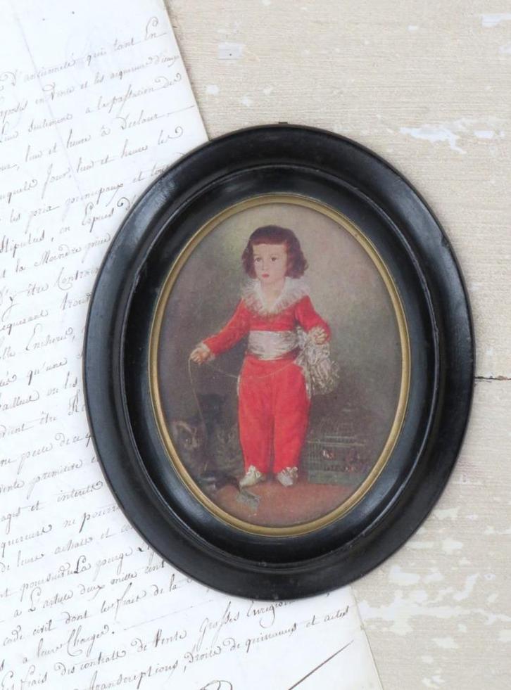 Antiek Frans lijstje “Kindje met poezen & Vogelkooi”, Antiek en Kunst, Curiosa en Brocante, Ophalen of Verzenden