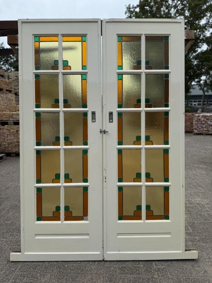 Set schuif / en-suite deuren met glas in lood 212x145cm., Antiek en Kunst, Curiosa en Brocante, Ophalen