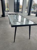 glazen tafel met houten deur blad, stalen frame, Huis en Inrichting, Ophalen, Gebruikt, 200 cm of meer, 50 tot 100 cm