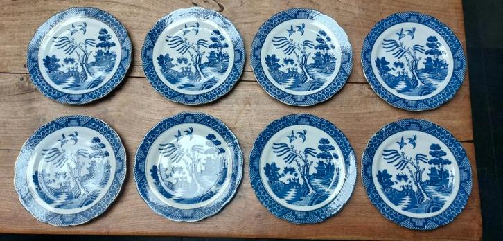 Set van 8 Blauwe “Willow Pattern” Borden – Klassiek Engels, Antiek en Kunst, Antiek | Servies los, Ophalen of Verzenden
