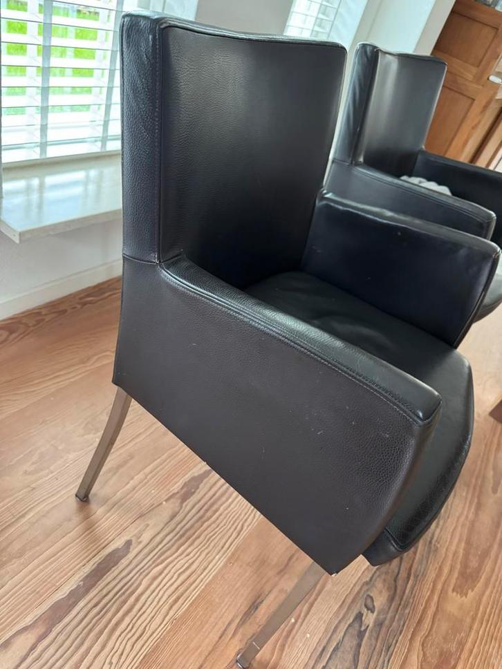 6 Donkerbruine leren eetkamerstoelen met RVS poten, Huis en Inrichting, Stoelen, Gebruikt, Leer, Bruin, Ophalen